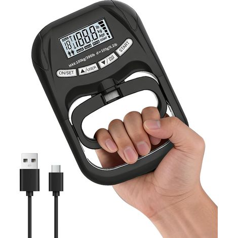 Wiederaufladbarer digitaler Handkraftmesser mit USB-C-Anschluss, hochpräziser 180-kg-Griffkraftmesser, intelligentes LCD-Display, 19 Benutzerspeicherplätze, für Sport, Rehabilitation und Gesundheit (1/5)
