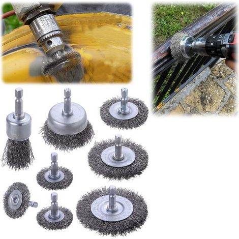 Set de 9 brosses métalliques pour perceuse - brosses à polir et dérouiller avec tige de 5 mm, argent et noir (1/5)
