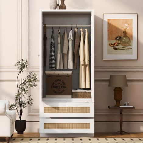 Armoire (70 x 55 x 170 cm) à deux portes, avec tiroirs et étagères, panneaux de porte effet rotin, blanc. (1/5)