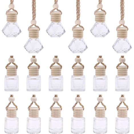 18 pièce 3 styles de Pendentifs Désodorisants pour Voiture Flacons Diffuseurs D'Huiles Essentielles en Verre de 8 ml Flacons de Parfum Suspendus pour la Décoration (1/5)