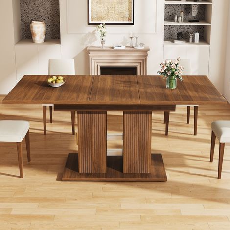 Table à manger extensible 120x80 cm jusqu' à 160x80 cm, 75 cm de hauteur, pour 4 à 6 personnes, rallonge intégrée et rangements latéraux à eétagères, MDF, marron (1/5)