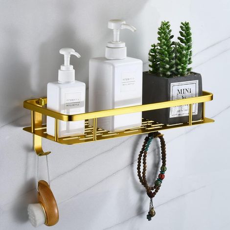 Etagere Salle de Bain or, Panier Rangement Douche en Métal Étagère Murale Douche Sans Percage Tablette Murale de Douche Avec 2 Crochets (1/5)