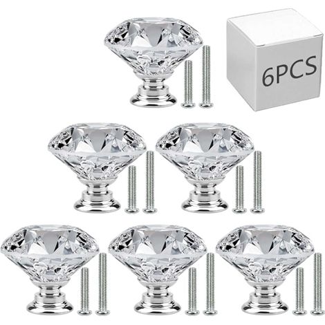 Lot de 6 boutons de porte de meuble de 30 mm en verre cristal, forme diamant, pour tiroirs, meubles de cuisine, salle de bain et bureau.