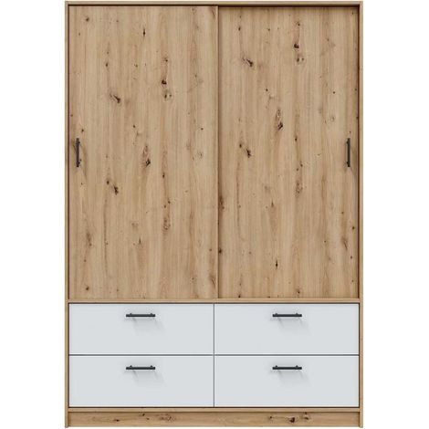Armoire, meuble de rangement avec 2 portes et 4 tiroirs coloris blanc artic, chêne nordique - hauteur 200 x longueur 140 x profondeur 60 cm (1/5)