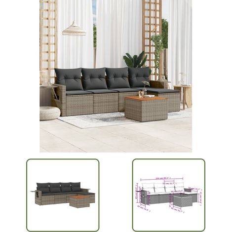 The Living Store 6-tlg. Garten-Sofagarnitur mit Kissen Grau Poly Rattan - Gartenmöbel Set - PE-Rattan Möbel - Outdoor Lounge - Esszimmergarnitur - Balkonmöbel (1/3)