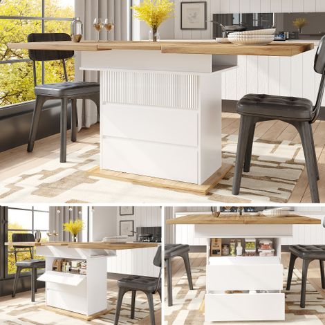 Table de salle à manger extensible (110–140 x 80 cm), table pliante (capacité de 4 à 6 personnes), design gain de place, adaptée aux cuisines et espaces de vie, dotée de trois étagères de rangement, f (1/5)