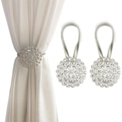 Abrazaderas magnéticas para cortinas, paquete de 2, con diseño de flores de cristal brillante, hebillas con alambre elástico de alta elasticidad para decoración del hogar y la oficina (blanco) (1/5)