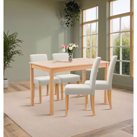 Hallowood Furniture Waverly Oak Small Dining Table and Chairs Set 4, Solid Oak Wooden Rectangular Kitchen Table and Chairs in Straight Back and Upholstered Beige Fabric for Home and Café