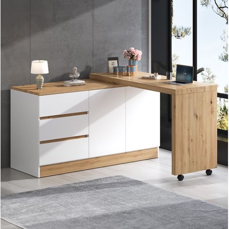 Bureau modulable 120x50x78 cm en panneaux de bois blanc chêne, gain de place FloraGrace (1/5)