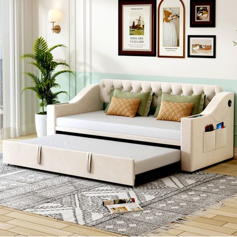 Cama sofá tapizada extensible con USB y almacenaje OKMYHOME (1/5)