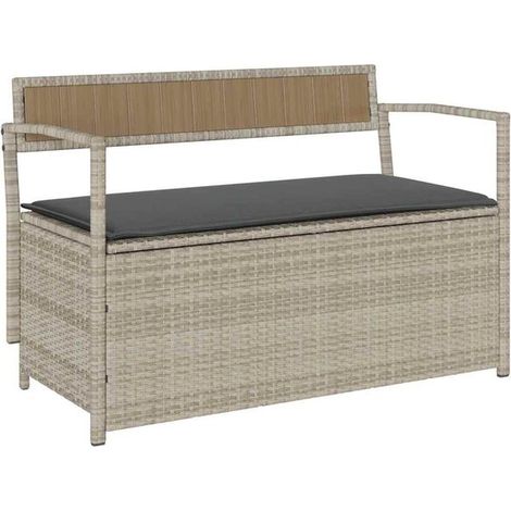 Banc de rangement de jardin avec coussins gris clair, résine tressée (1/5)