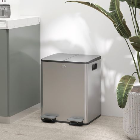 2 x 20-Liter-Treteimer, Küchenabfalleimer aus Stahl mit Soft-Close-Deckel, herausnehmbaren Inneneimern, fingerabdruckabweisend, silberfarben