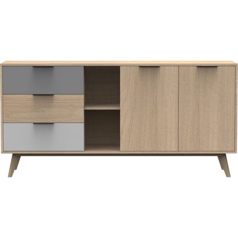 BORGH - Buffet 165cm 2 Portes 3 Tiroirs Scandinave Pin Massif Gris, Blanc et Effet Chêne (1/2)