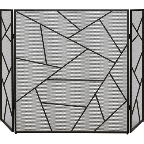 Paravent de Cheminée Pliant 3 Panneaux en Acier Design Géométrique, 135x1.2x85cm, Noir (1/5)