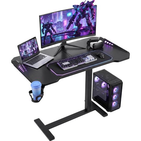 VEVOR Mesa Gaming 800 x 450 mm Escritorio Móvil de Pie para Ordenador Negro, Mesita Auxiliar para Cama Sofá Oficina Hogar, Altura Ajustable, Ruedas Escondidas, Portavasos, Iluminación RGB, Marco Metal (1/5)