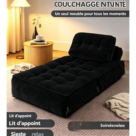 Canapé lit pliable 3 en 1 velours côtelé noir,fauteuil de sol ergonomique mousse mémoire,meuble compact gain de place pour studio,salon et lit