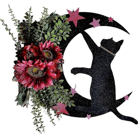 Katzen- und Mondkranz für Halloween, Türdekoration, Zweige, Kätzchen, künstliche Blumen, Katzen- und Mondkranz - A2 (1/5)
