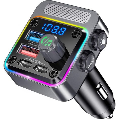 Adattatore Bluetooth per auto, trasmettitore FM Bluetooth, ricarica rapida PD da 36 W QC3.0 18 W, adattatore per accendisigari con musica, chiamate in vivavoce, potenziamento dei bassi, adattatore per