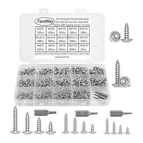 Tornillos autorroscantes con cabeza Torx abombada, tornillos para madera M2 M2.3 M3 de cabeza redonda pequeña con arandela de acero inoxidable, mini autorroscantes para chapa, madera y plástico con pu (1/5)