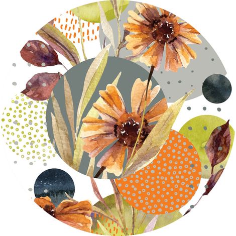 papier peint panoramique rond adhésif fleurs vert, orange et gris  - Sanders & Sanders (1/5)