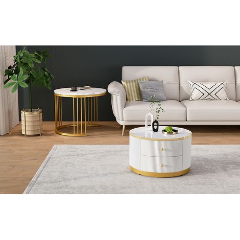 Ensemble élégant de 2 tables basses gigognes blanches, 606045.5cm & 505032cm, tables rondes à aspect marbre brillant, 2 tiroirs, capacité jusqu'à 30kg, combinaison gigogne table basse (1/5)