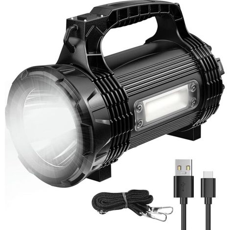 Lampe Torche LED Rechargeable - Lampe de Poche Puissante avec 8 Modes D'éclairage, 3000 lumen, IP65 Étanche - Lampe Torche Puissante avec Câble USB, Bandoulière pour Le mien/Camping/Urgence [Classe én