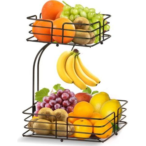 Corbeille à fruits à 2 étages avec porte-banane, en métal, amovible, décorative, moderne,Noir (1/5)