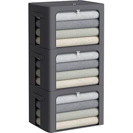 Lot de 3 bacs de rangement empilables pour vêtements – Cadre Oxford pliable avec fenêtre transparente et poignées de transport, grande capacité (gris foncé, grande taille, 66 l) (1/5)