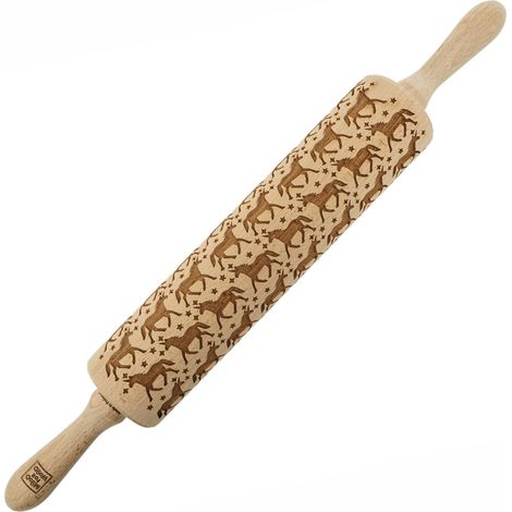 Mattarello in legno MoodForWood, inciso, 43 cm con manici, perfetto per la cottura al forno - Motivo unicorno (1/5)