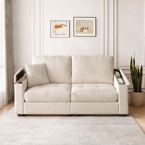 Canapé 2 places en lin beige 180 cm avec rangement et coussins (1/5)