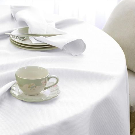 Nappe ronde lavable 240 cm Jacquard Géométrique hydrofuge Blanc