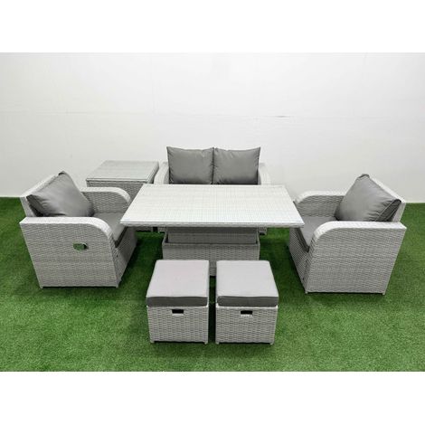 Fimous Light Grey PE Wicker Rattan Garden Furniture Set Sofa Set Reclining Chair Adjustable Lifting Dining or Coffee Table 6 Seater 2 Small Stools Side Table (1/5)