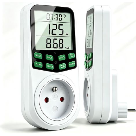 Wattmètre 16A 3680W – Compteur de consommation avec écran LCD rétroéclairé – Protection surcharge – Mémoire des données Version améliorée