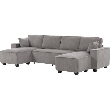 Canapé d'angle double méridienne, sofa en forme de U en velours côtelé avec assise large et profonde, coussins à ressorts, gris clair (1/5)