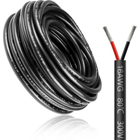Câble électrique 10 mètres 16 AWG 2x1,5mm² à 2 conducteurs, fil de cuivre étamé flexible, impédance faible, compatible alimentation LED 5V / 12V / 24V, résistance aux hautes températures (1/5)