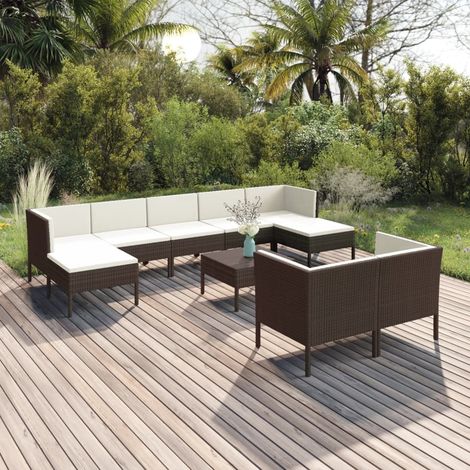 Salon de jardin 10 pcs Ensemble Table et Chaise de Jardin - avec coussins Résine tressée Marron BV258326 - BonneVie (1/5)