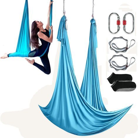 Hamac de Yoga Aérien 5x2,8 m Kit Balançoire de Yoga Inversion Danse Aérienne en Nylon 100 g/m² Charge 1000 kg Vol Anti-gravité d'Air pour Fitness Musculation Pilates Gym Maison Studio Bleu (1/5)