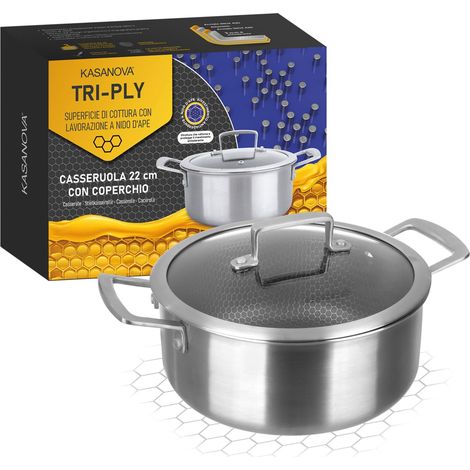 Casserole antiadhésive induction Tri-ply avec couvercle en verre – Revêtement antiadhésif 3 couches ultra-résistant (22 cm) (1/5)