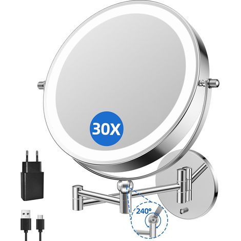 Miroir cosmétique Rechargeable 5000 mAh avec grossissement 1X/20X, Miroir de Rasage à intensité Variable, 3 Couleurs, Miroir de Maquillage LED, écran Tactile, Rotatif à 360°, Miroir Mural (1/5)