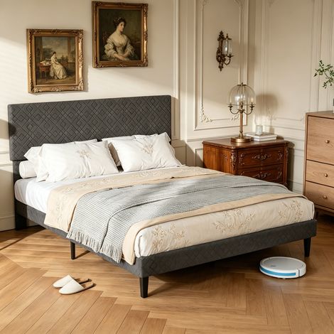 Lit Adulte 140x200 cm en Tissu Lin, Cadre Solide Silencieux, Tête de Lit Rembourrée, sommier à lattes (1/5)