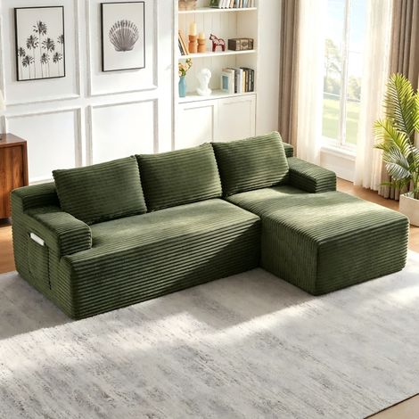 Canapé d'angle convertible 4 places en velours côtelé – Dimensions couchage 263x173cm – Confort mousse haute résilience – Style scandinave vert