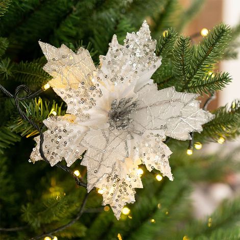 Décoration Arbre De Noël - Fleur Magnolia En Tissu Avec Paillettes - Accroche Facile Sur Branches - Pour Intérieur Et Couronne - Lot De 1 Pièce (1/5)