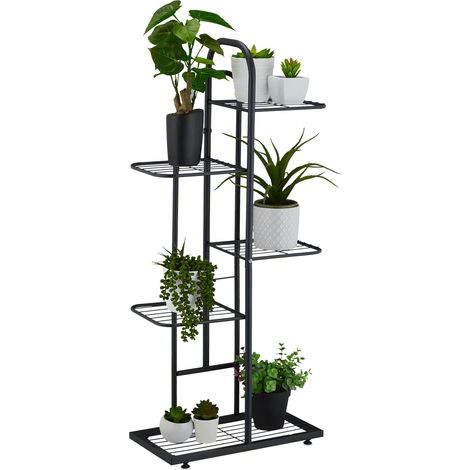 Relaxdays Plant Stand, Flower Pot Holder with 5 Tiers, HWD: 96 x 45 x 22 cm, Metal Frame, Shelving, Space-Saving, Black