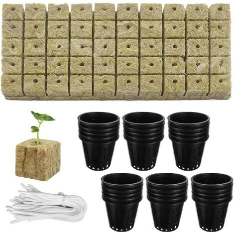 110 Pièces Kit Hydroponique, 30 Pots en Filet de 5 cm, 50 Tapis de Propagation en Laine de Roche, 30 Mèches Auto-Arrosantes, pour Bouturage et Culture Hors-Sol (1/5)