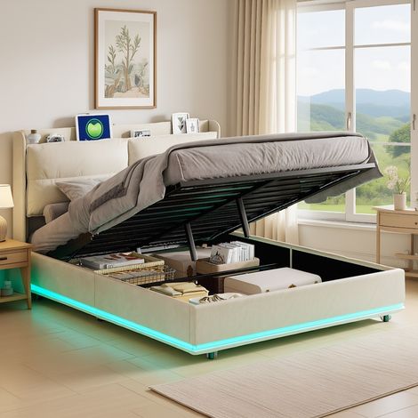 Letto contenitore 140x200 con rete a doghe, letto imbottito con porta USB e illuminazione LED, testiera con cerniera, velluto beige (1/5)