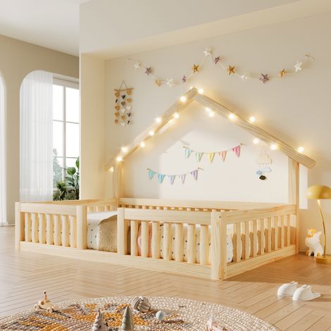 90x200 cm en bois avec barrière anti-chute, lit cabane avec guirlande lumineuse LED, lit au sol avec barrière de sécurité, naturel (1/5)
