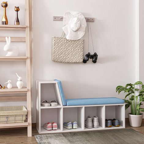 2-in-1 Bücherregal/Bank mit 5 Ablagefächern und 2 Kissen, 108 x 30 x 60 cm, weiß/blau
