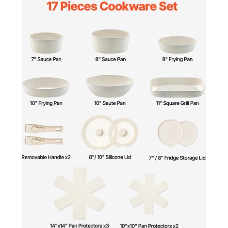 Batterie de cuisine, 17 pcs, ensemble de casseroles et poêles à induction avec revêtement anti-adhésif, poignée amovible et couverc…