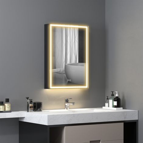 Badspiegelschrank modern aus Aluminium schwarz 50 x 12,8 x 70 cm mit dimmbarer LED und Anti-Beschlag
