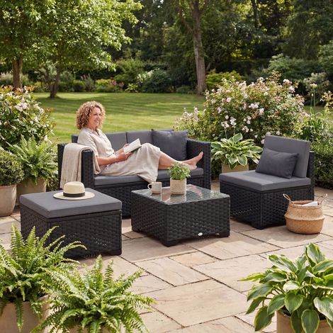 5-teiliges modulares Gartenmöbelset aus Rattan mit Kissen, graues Ecksofa